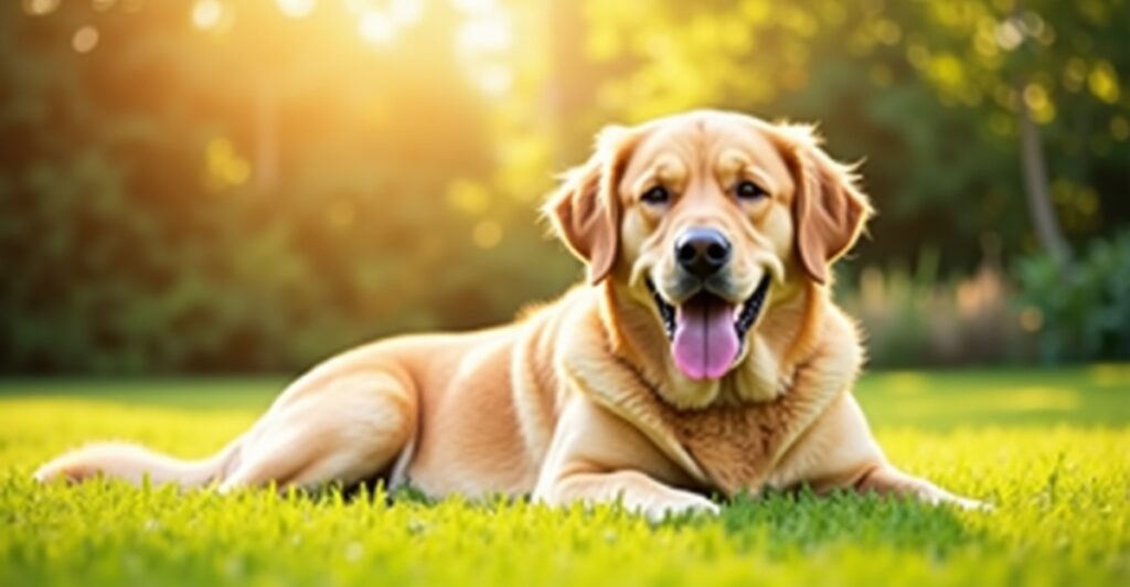 Senior Labrador Retriever resting in sunny backyard, healthy and content