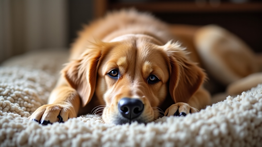 Senior dog resting on a dog bed showing signs of discomfort and pain