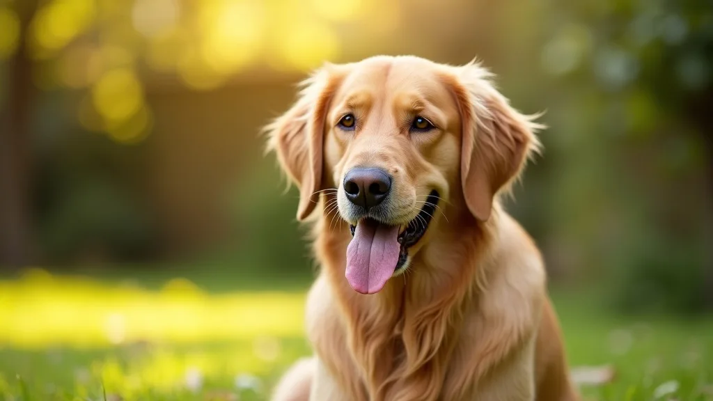 Senior golden retriever with gray muzzle sitting in sunny backyard