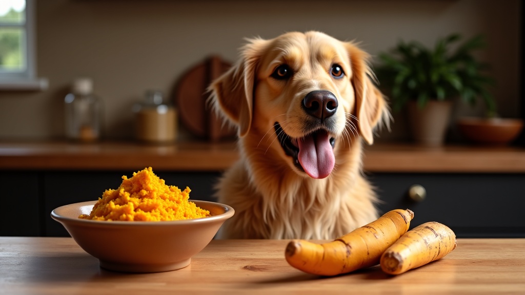 Golden retriever with turmeric golden paste and fresh turmeric root
